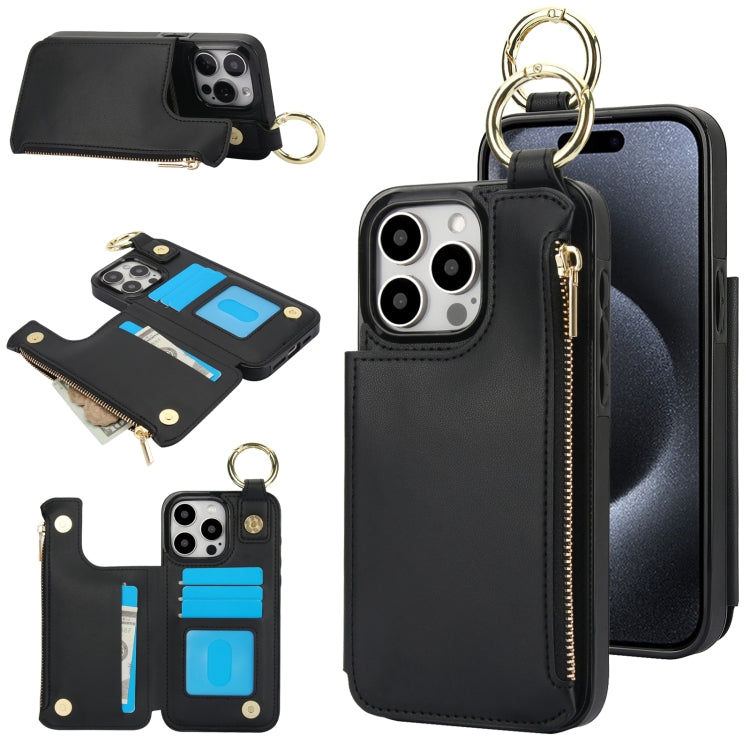 For iPhone 15 Pro Max RFlD Anti-theft Double Buckle Ring Zipper Card Phone Case(Black) - iPhone 15 Pro Max Cases by buy2fix | Online Shopping UK | buy2fix