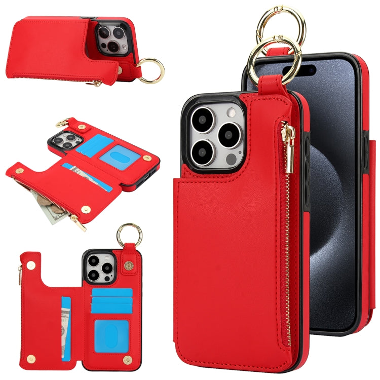 For iPhone 15 Pro Max RFlD Anti-theft Double Buckle Ring Zipper Card Phone Case(Red) - iPhone 15 Pro Max Cases by buy2fix | Online Shopping UK | buy2fix