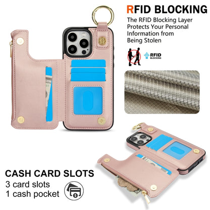 For iPhone 15 Pro Max RFlD Anti-theft Double Buckle Ring Zipper Card Phone Case(Rose Gold) - iPhone 15 Pro Max Cases by buy2fix | Online Shopping UK | buy2fix