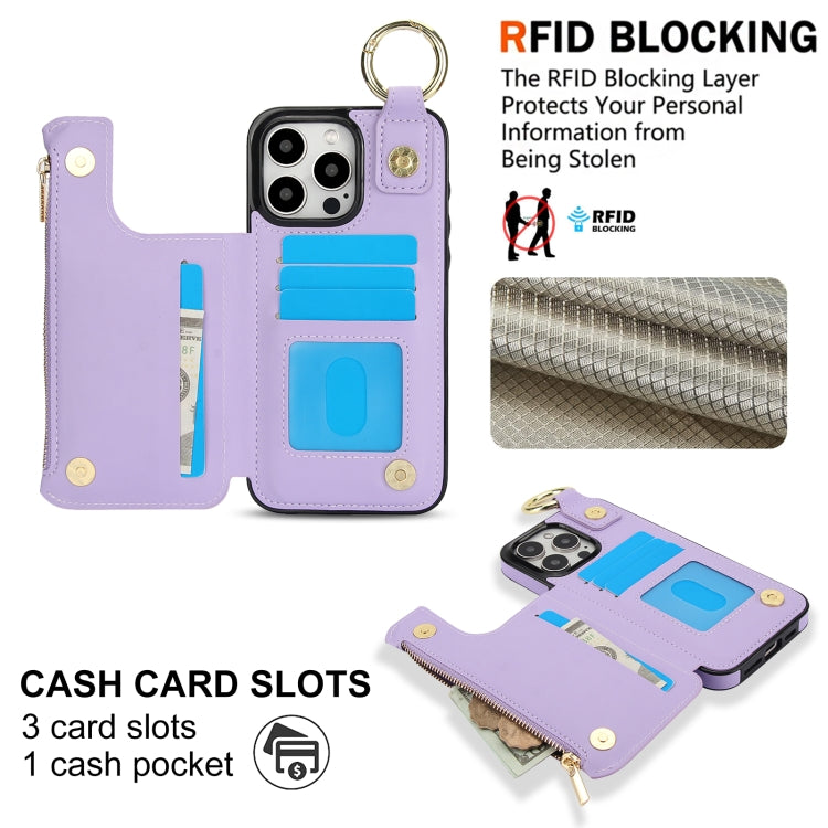 For iPhone 15 Pro Max RFlD Anti-theft Double Buckle Ring Zipper Card Phone Case(Purple) - iPhone 15 Pro Max Cases by buy2fix | Online Shopping UK | buy2fix