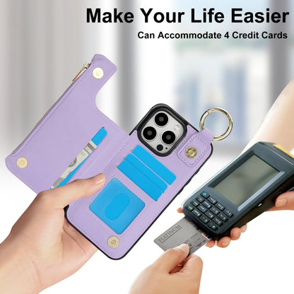 For iPhone 15 Pro Max RFlD Anti-theft Double Buckle Ring Zipper Card Phone Case(Purple) - iPhone 15 Pro Max Cases by buy2fix | Online Shopping UK | buy2fix