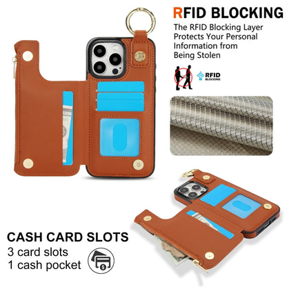 For iPhone 15 Pro Max RFlD Anti-theft Double Buckle Ring Zipper Card Phone Case(Brown) - iPhone 15 Pro Max Cases by buy2fix | Online Shopping UK | buy2fix