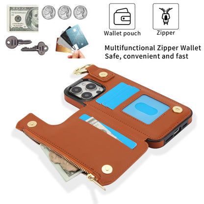 For iPhone 15 Pro Max RFlD Anti-theft Double Buckle Ring Zipper Card Phone Case(Brown) - iPhone 15 Pro Max Cases by buy2fix | Online Shopping UK | buy2fix