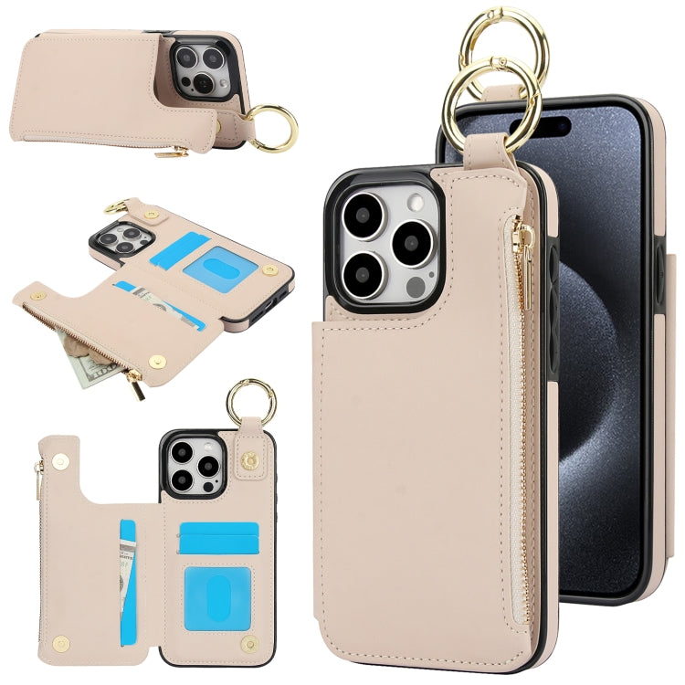 For iPhone 15 Pro RFlD Anti-theft Double Buckle Ring Zipper Card Phone Case(White) - iPhone 15 Pro Cases by buy2fix | Online Shopping UK | buy2fix