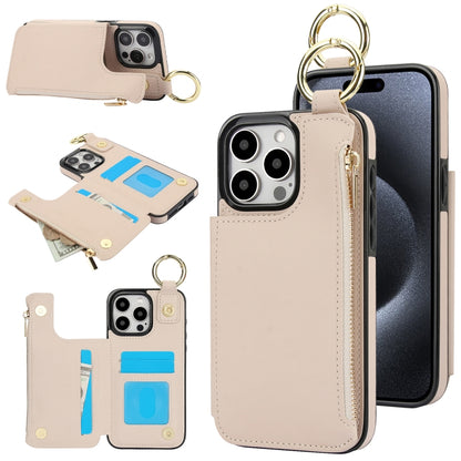 For iPhone 15 Pro RFlD Anti-theft Double Buckle Ring Zipper Card Phone Case(White) - iPhone 15 Pro Cases by buy2fix | Online Shopping UK | buy2fix