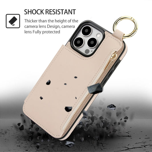 For iPhone 15 Pro RFlD Anti-theft Double Buckle Ring Zipper Card Phone Case(White) - iPhone 15 Pro Cases by buy2fix | Online Shopping UK | buy2fix