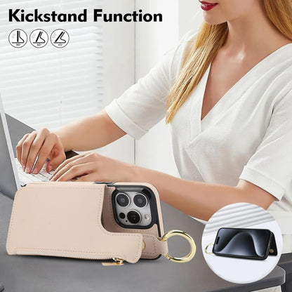 For iPhone 15 Pro RFlD Anti-theft Double Buckle Ring Zipper Card Phone Case(White) - iPhone 15 Pro Cases by buy2fix | Online Shopping UK | buy2fix