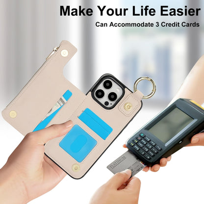 For iPhone 15 Pro RFlD Anti-theft Double Buckle Ring Zipper Card Phone Case(White) - iPhone 15 Pro Cases by buy2fix | Online Shopping UK | buy2fix