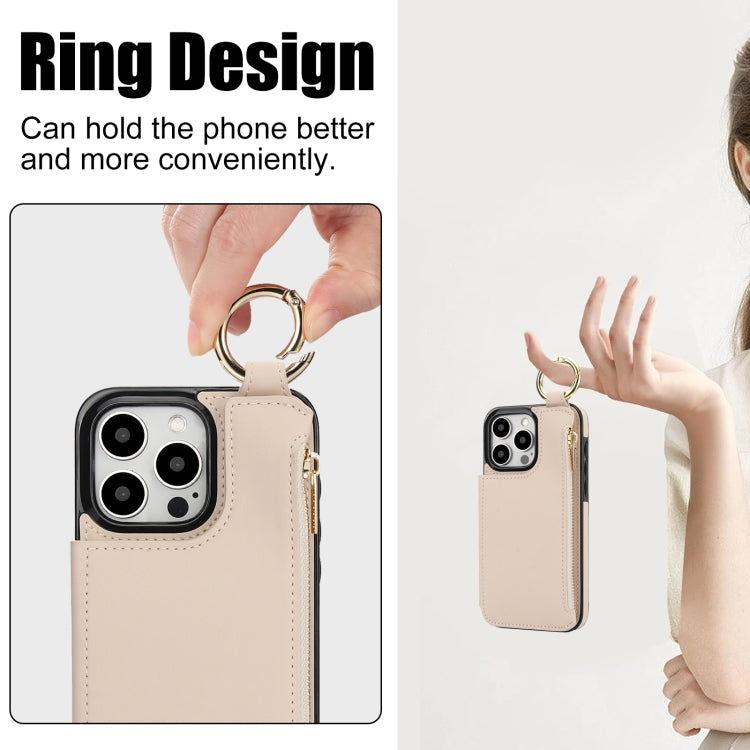 For iPhone 15 Pro RFlD Anti-theft Double Buckle Ring Zipper Card Phone Case(White) - iPhone 15 Pro Cases by buy2fix | Online Shopping UK | buy2fix