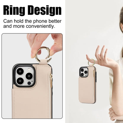 For iPhone 15 Pro RFlD Anti-theft Double Buckle Ring Zipper Card Phone Case(White) - iPhone 15 Pro Cases by buy2fix | Online Shopping UK | buy2fix