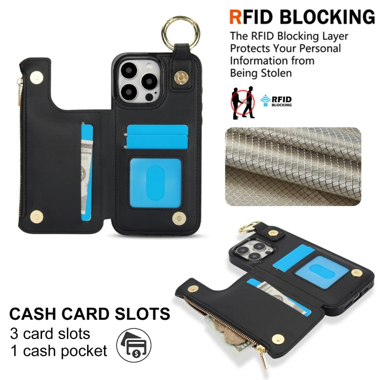 For iPhone 15 Pro RFlD Anti-theft Double Buckle Ring Zipper Card Phone Case(Black) - iPhone 15 Pro Cases by buy2fix | Online Shopping UK | buy2fix