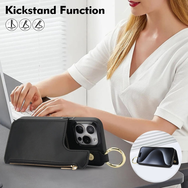 For iPhone 15 Pro RFlD Anti-theft Double Buckle Ring Zipper Card Phone Case(Black) - iPhone 15 Pro Cases by buy2fix | Online Shopping UK | buy2fix