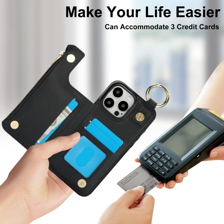For iPhone 15 Pro RFlD Anti-theft Double Buckle Ring Zipper Card Phone Case(Black) - iPhone 15 Pro Cases by buy2fix | Online Shopping UK | buy2fix
