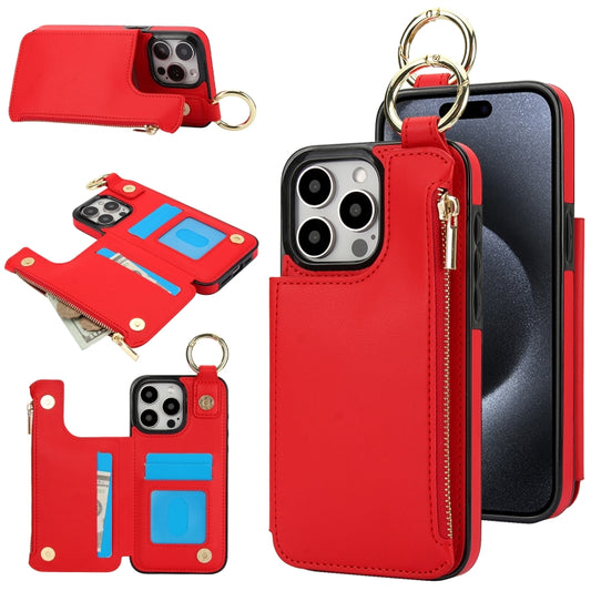 For iPhone 15 Pro RFlD Anti-theft Double Buckle Ring Zipper Card Phone Case(Red) - iPhone 15 Pro Cases by buy2fix | Online Shopping UK | buy2fix