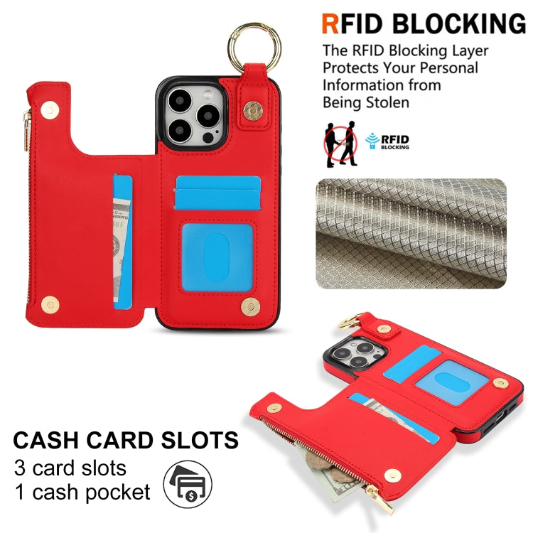 For iPhone 15 Pro RFlD Anti-theft Double Buckle Ring Zipper Card Phone Case(Red) - iPhone 15 Pro Cases by buy2fix | Online Shopping UK | buy2fix