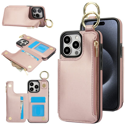 For iPhone 15 Pro RFlD Anti-theft Double Buckle Ring Zipper Card Phone Case(Rose Gold) - iPhone 15 Pro Cases by buy2fix | Online Shopping UK | buy2fix
