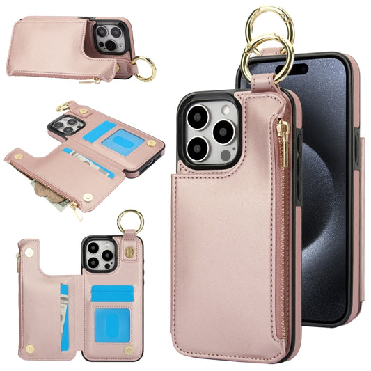 For iPhone 15 Pro RFlD Anti-theft Double Buckle Ring Zipper Card Phone Case(Rose Gold) - iPhone 15 Pro Cases by buy2fix | Online Shopping UK | buy2fix
