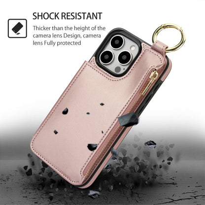 For iPhone 15 Pro RFlD Anti-theft Double Buckle Ring Zipper Card Phone Case(Rose Gold) - iPhone 15 Pro Cases by buy2fix | Online Shopping UK | buy2fix