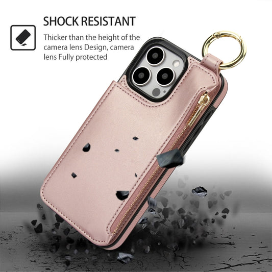 For iPhone 15 Pro RFlD Anti-theft Double Buckle Ring Zipper Card Phone Case(Rose Gold) - iPhone 15 Pro Cases by buy2fix | Online Shopping UK | buy2fix