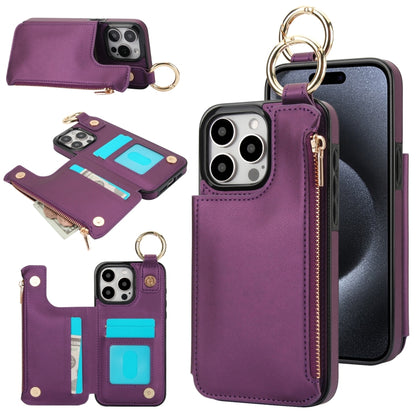 For iPhone 15 Pro RFlD Anti-theft Double Buckle Ring Zipper Card Phone Case(Dark Purple) - iPhone 15 Pro Cases by buy2fix | Online Shopping UK | buy2fix