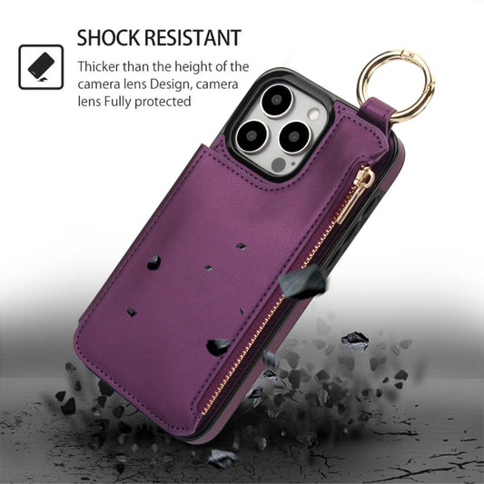 For iPhone 15 Pro RFlD Anti-theft Double Buckle Ring Zipper Card Phone Case(Dark Purple) - iPhone 15 Pro Cases by buy2fix | Online Shopping UK | buy2fix