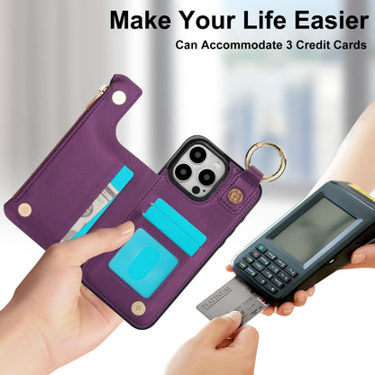 For iPhone 15 Pro RFlD Anti-theft Double Buckle Ring Zipper Card Phone Case(Dark Purple) - iPhone 15 Pro Cases by buy2fix | Online Shopping UK | buy2fix