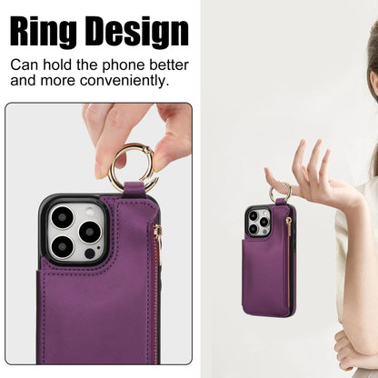For iPhone 15 Pro RFlD Anti-theft Double Buckle Ring Zipper Card Phone Case(Dark Purple) - iPhone 15 Pro Cases by buy2fix | Online Shopping UK | buy2fix