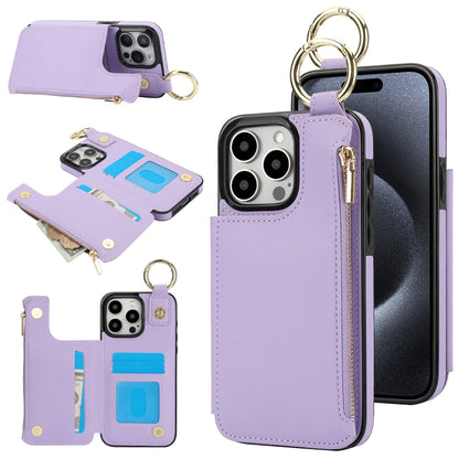 For iPhone 15 Pro RFlD Anti-theft Double Buckle Ring Zipper Card Phone Case(Purple) - iPhone 15 Pro Cases by buy2fix | Online Shopping UK | buy2fix