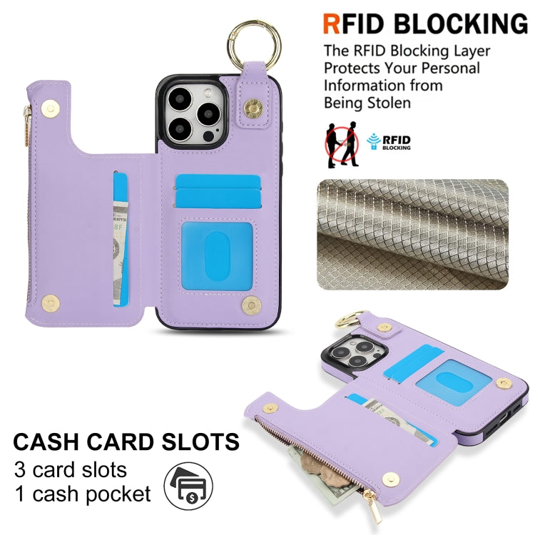 For iPhone 15 Pro RFlD Anti-theft Double Buckle Ring Zipper Card Phone Case(Purple) - iPhone 15 Pro Cases by buy2fix | Online Shopping UK | buy2fix