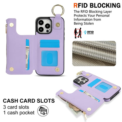 For iPhone 15 Pro RFlD Anti-theft Double Buckle Ring Zipper Card Phone Case(Purple) - iPhone 15 Pro Cases by buy2fix | Online Shopping UK | buy2fix