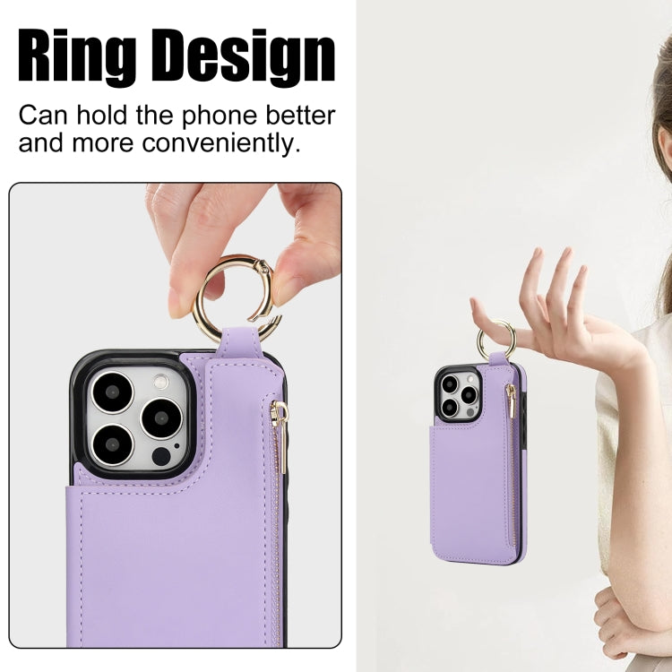 For iPhone 15 Pro RFlD Anti-theft Double Buckle Ring Zipper Card Phone Case(Purple) - iPhone 15 Pro Cases by buy2fix | Online Shopping UK | buy2fix