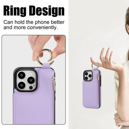 For iPhone 15 Pro RFlD Anti-theft Double Buckle Ring Zipper Card Phone Case(Purple) - iPhone 15 Pro Cases by buy2fix | Online Shopping UK | buy2fix