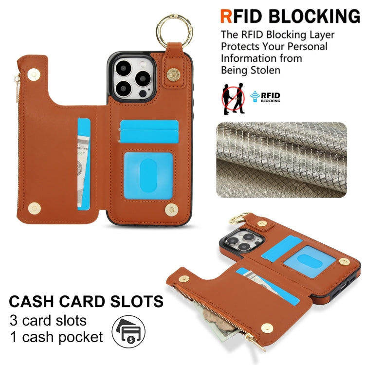 For iPhone 15 Pro RFlD Anti-theft Double Buckle Ring Zipper Card Phone Case(Brown) - iPhone 15 Pro Cases by buy2fix | Online Shopping UK | buy2fix