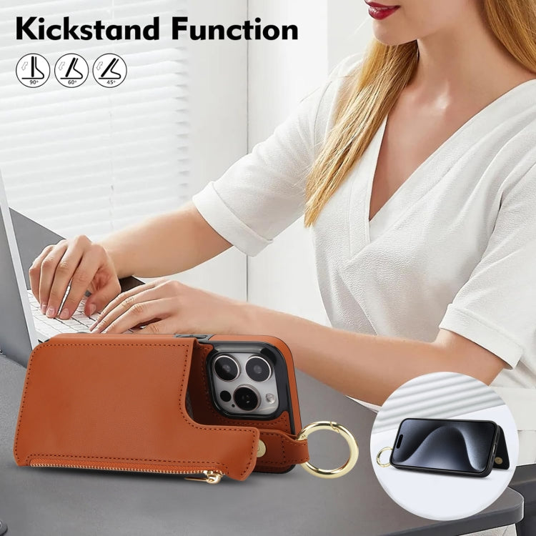 For iPhone 15 Pro RFlD Anti-theft Double Buckle Ring Zipper Card Phone Case(Brown) - iPhone 15 Pro Cases by buy2fix | Online Shopping UK | buy2fix