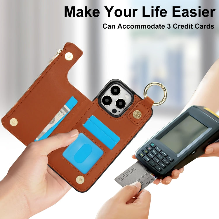 For iPhone 15 Pro RFlD Anti-theft Double Buckle Ring Zipper Card Phone Case(Brown) - iPhone 15 Pro Cases by buy2fix | Online Shopping UK | buy2fix