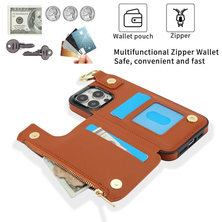For iPhone 15 Pro RFlD Anti-theft Double Buckle Ring Zipper Card Phone Case(Brown) - iPhone 15 Pro Cases by buy2fix | Online Shopping UK | buy2fix