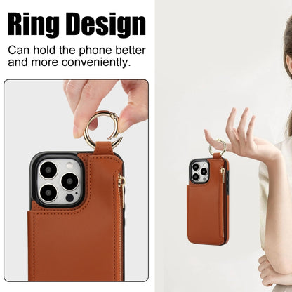 For iPhone 15 Pro RFlD Anti-theft Double Buckle Ring Zipper Card Phone Case(Brown) - iPhone 15 Pro Cases by buy2fix | Online Shopping UK | buy2fix