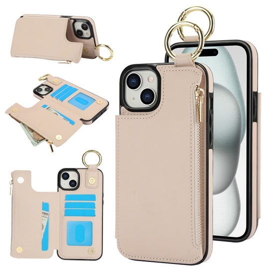 For iPhone 15 RFlD Anti-theft Double Buckle Ring Zipper Card Phone Case(White)