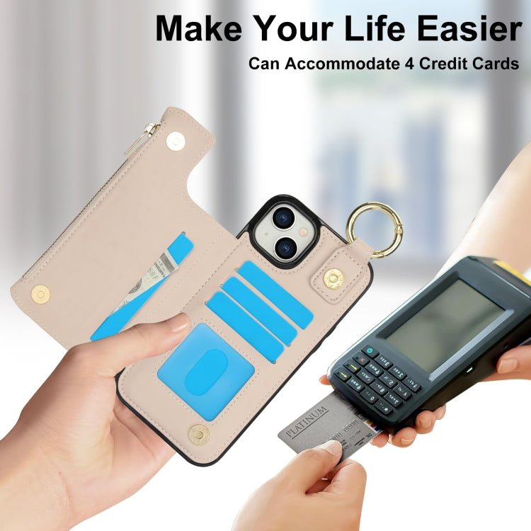 For iPhone 15 RFlD Anti-theft Double Buckle Ring Zipper Card Phone Case(White) - iPhone 15 Cases by buy2fix | Online Shopping UK | buy2fix