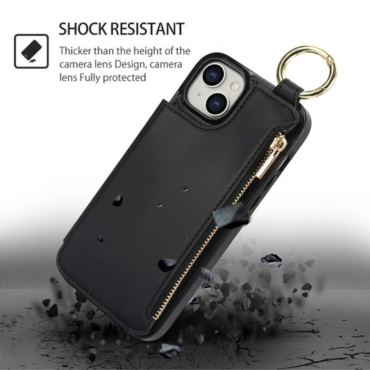 For iPhone 15 RFlD Anti-theft Double Buckle Ring Zipper Card Phone Case(Black) - iPhone 15 Cases by buy2fix | Online Shopping UK | buy2fix