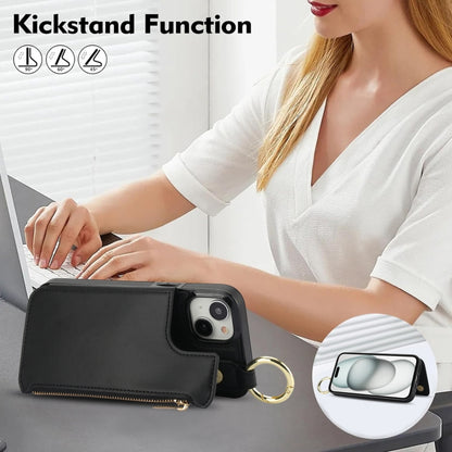 For iPhone 15 RFlD Anti-theft Double Buckle Ring Zipper Card Phone Case(Black) - iPhone 15 Cases by buy2fix | Online Shopping UK | buy2fix
