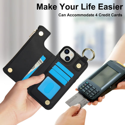 For iPhone 15 RFlD Anti-theft Double Buckle Ring Zipper Card Phone Case(Black) - iPhone 15 Cases by buy2fix | Online Shopping UK | buy2fix