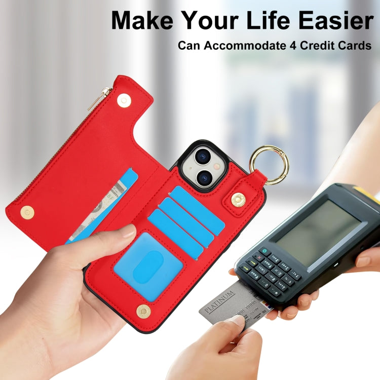 For iPhone 15 RFlD Anti-theft Double Buckle Ring Zipper Card Phone Case(Red) - iPhone 15 Cases by buy2fix | Online Shopping UK | buy2fix