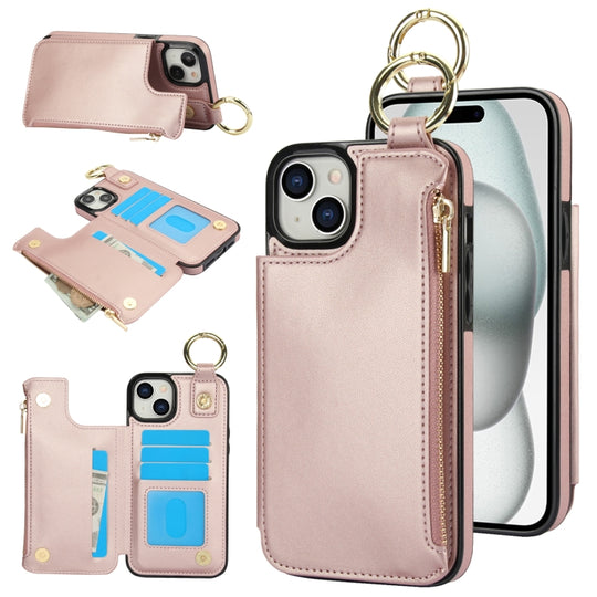 For iPhone 15 RFlD Anti-theft Double Buckle Ring Zipper Card Phone Case(Rose Gold)