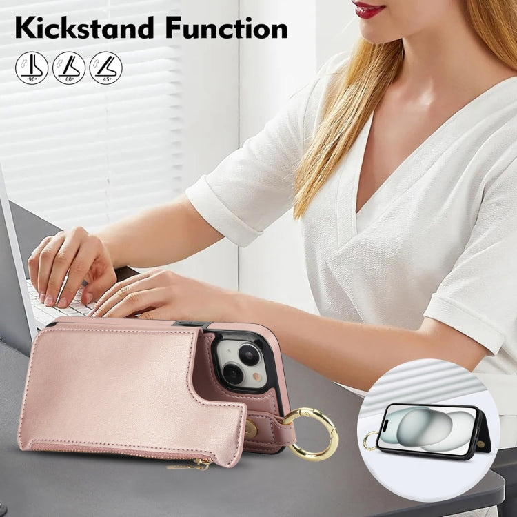 For iPhone 15 RFlD Anti-theft Double Buckle Ring Zipper Card Phone Case(Rose Gold) - iPhone 15 Cases by buy2fix | Online Shopping UK | buy2fix