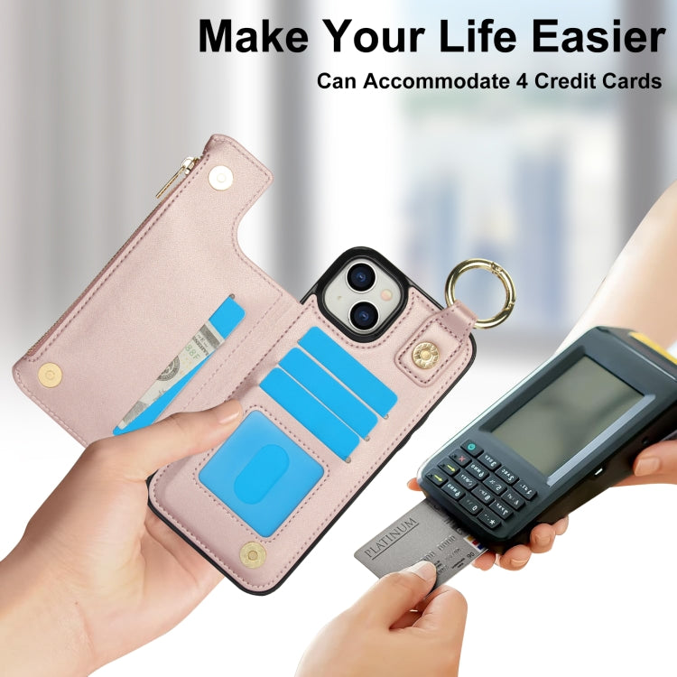 For iPhone 15 RFlD Anti-theft Double Buckle Ring Zipper Card Phone Case(Rose Gold) - iPhone 15 Cases by buy2fix | Online Shopping UK | buy2fix