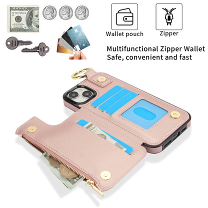 For iPhone 15 RFlD Anti-theft Double Buckle Ring Zipper Card Phone Case(Rose Gold) - iPhone 15 Cases by buy2fix | Online Shopping UK | buy2fix