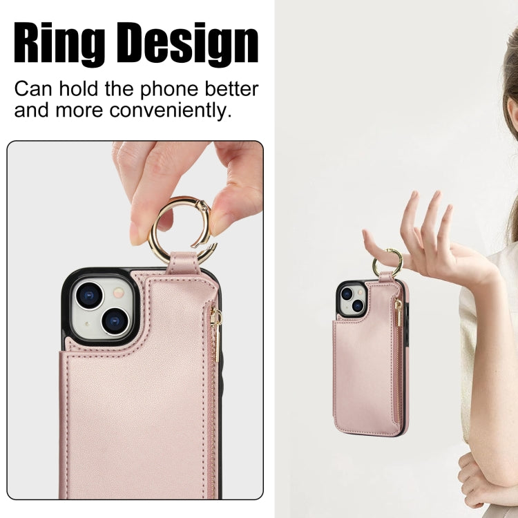 For iPhone 15 RFlD Anti-theft Double Buckle Ring Zipper Card Phone Case(Rose Gold) - iPhone 15 Cases by buy2fix | Online Shopping UK | buy2fix