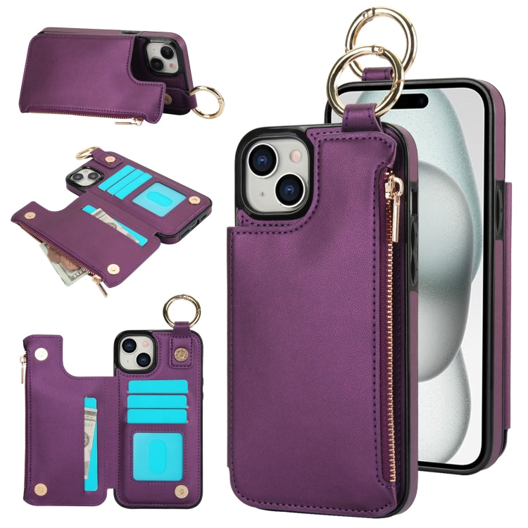 For iPhone 15 RFlD Anti-theft Double Buckle Ring Zipper Card Phone Case(Dark Purple) - iPhone 15 Cases by buy2fix | Online Shopping UK | buy2fix