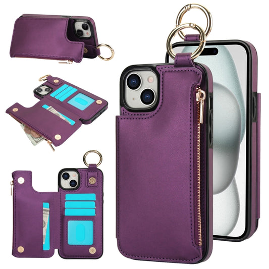 For iPhone 15 RFlD Anti-theft Double Buckle Ring Zipper Card Phone Case(Dark Purple) - iPhone 15 Cases by buy2fix | Online Shopping UK | buy2fix